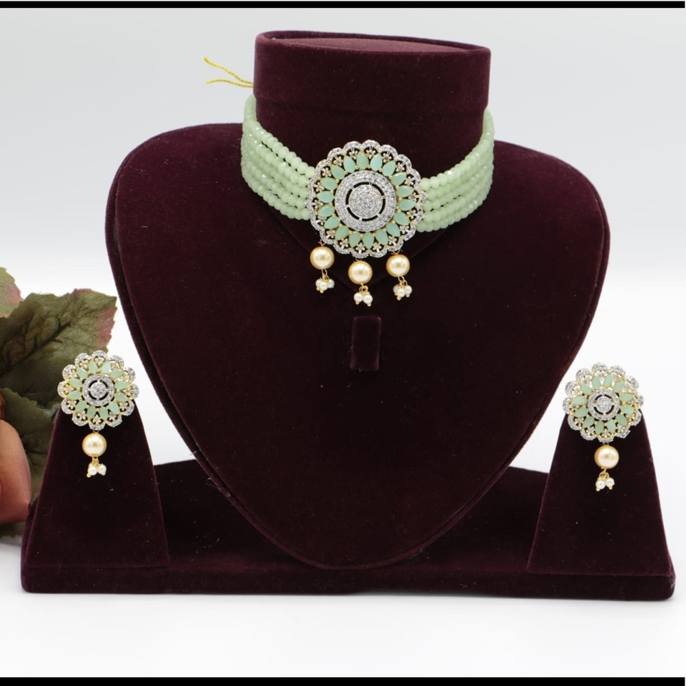 Pacific opal Beaded Multi-strand Choker Set with Matching-earrings